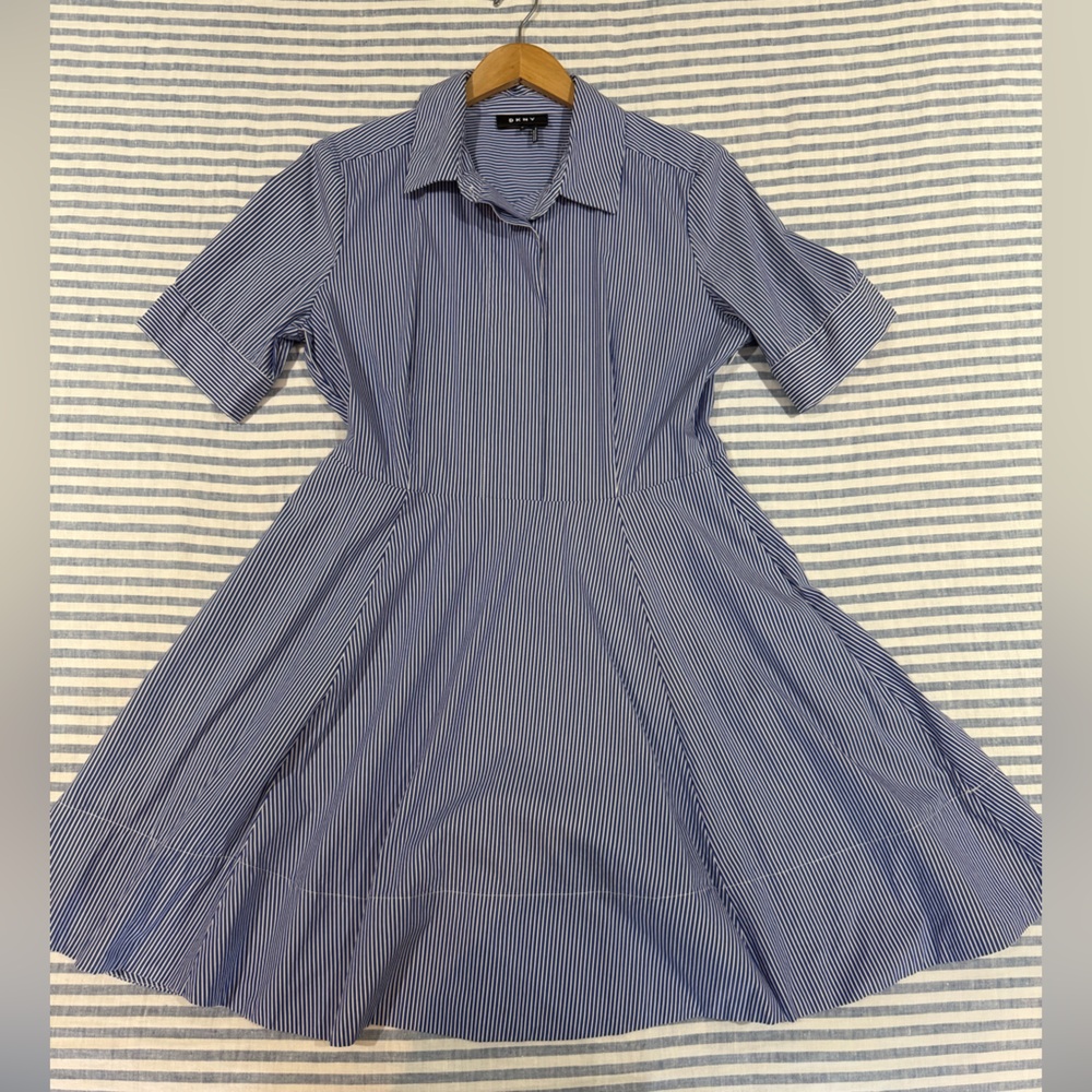 DKNY blue & white striped fit & flare shirt dress